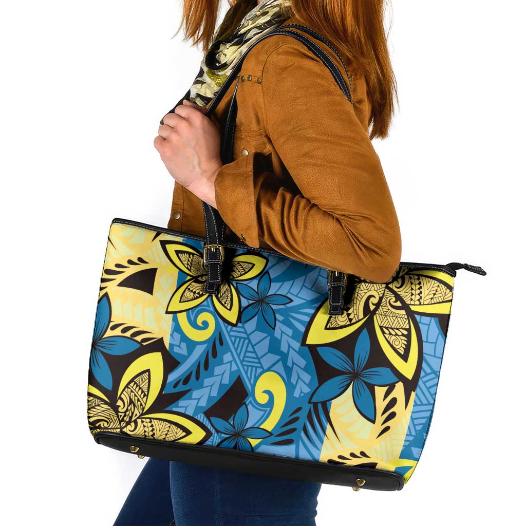 Plumeria Polynesian Pattern Leather Tote Bag Unique Fantasy Blue Yellow LT01 Blue - Polynesian Pride