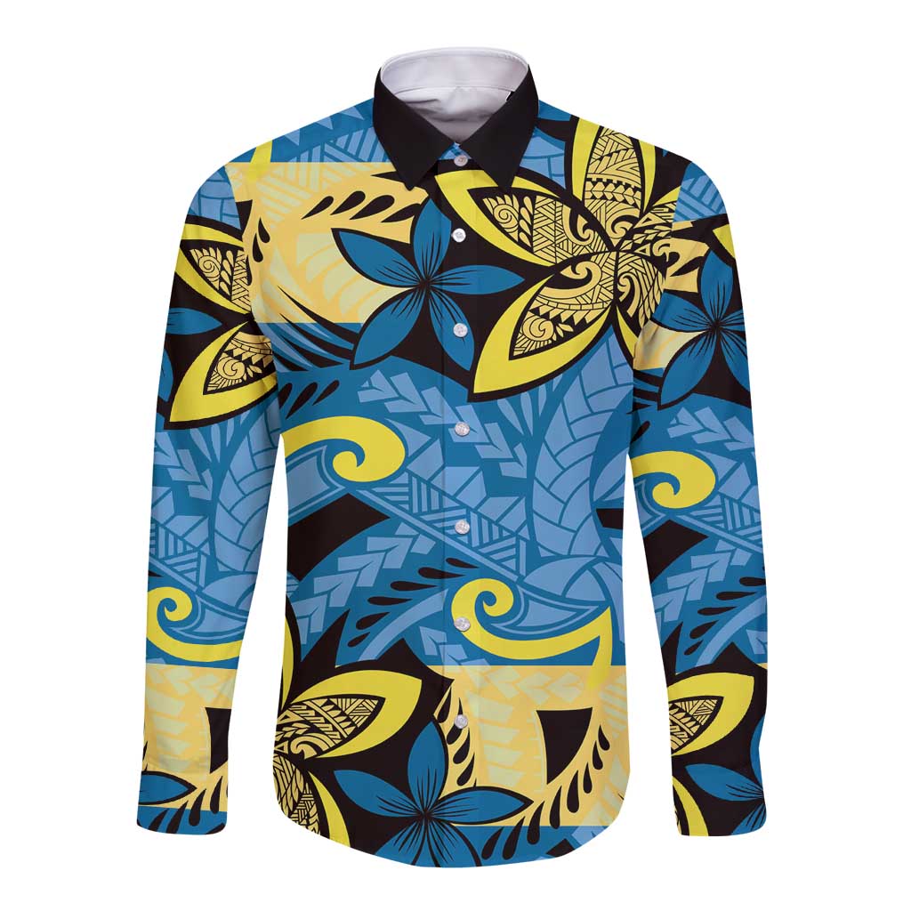 Plumeria Polynesian Pattern Long Sleeve Button Shirt Unique Fantasy Blue Yellow