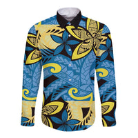 Plumeria Polynesian Pattern Long Sleeve Button Shirt Unique Fantasy Blue Yellow