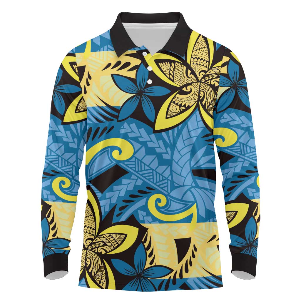 Plumeria Polynesian Pattern Long Sleeve Polo Shirt Unique Fantasy Blue Yellow LT01 Blue - Polynesian Pride