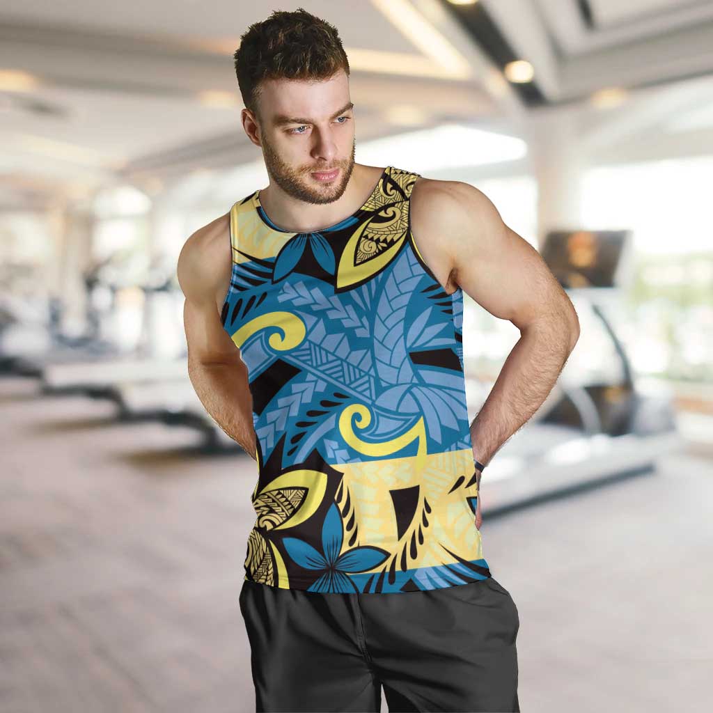Plumeria Polynesian Pattern Men Tank Top Unique Fantasy Blue Yellow LT01 Blue - Polynesian Pride