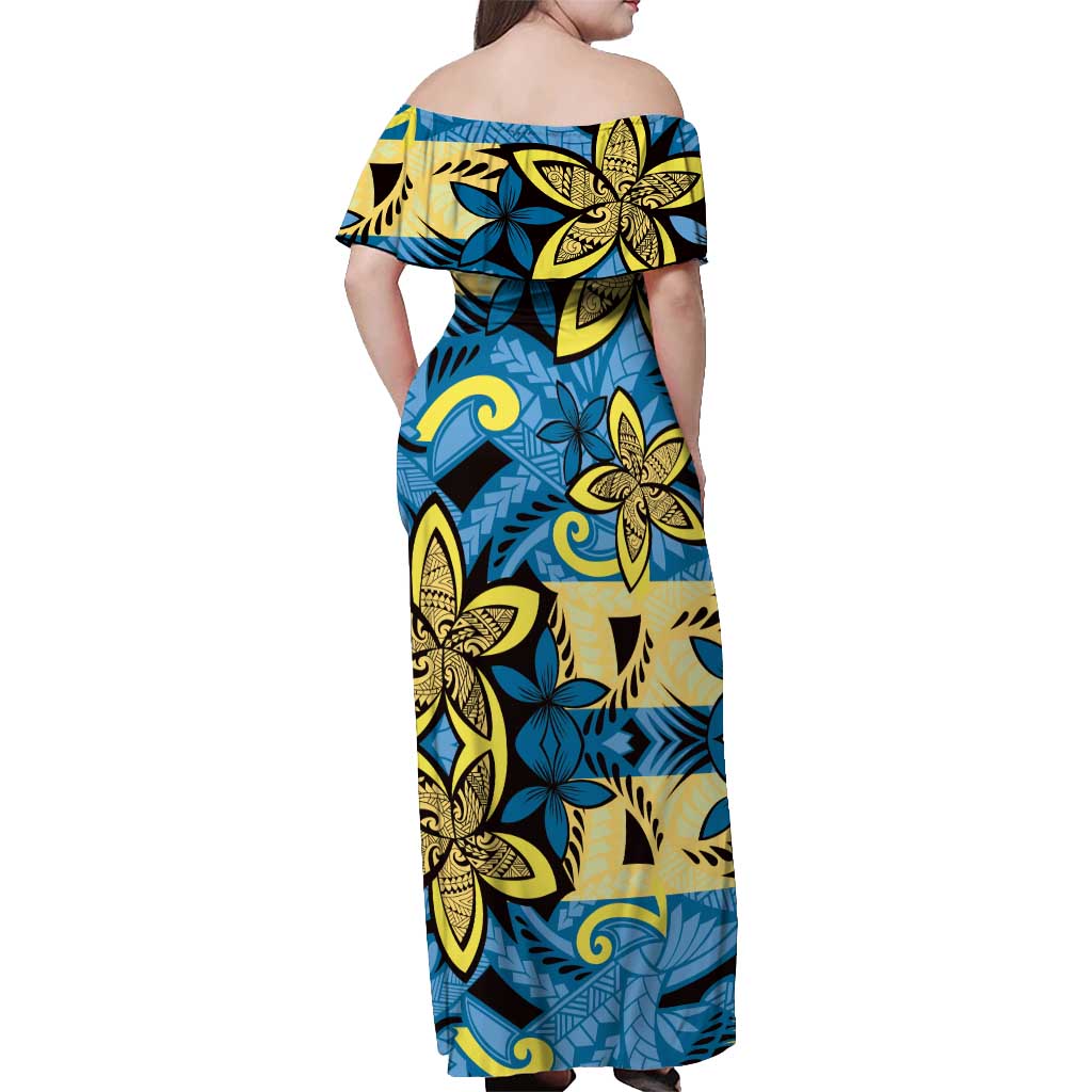 Plumeria Polynesian Pattern Off Shoulder Maxi Dress Unique Fantasy Blue Yellow