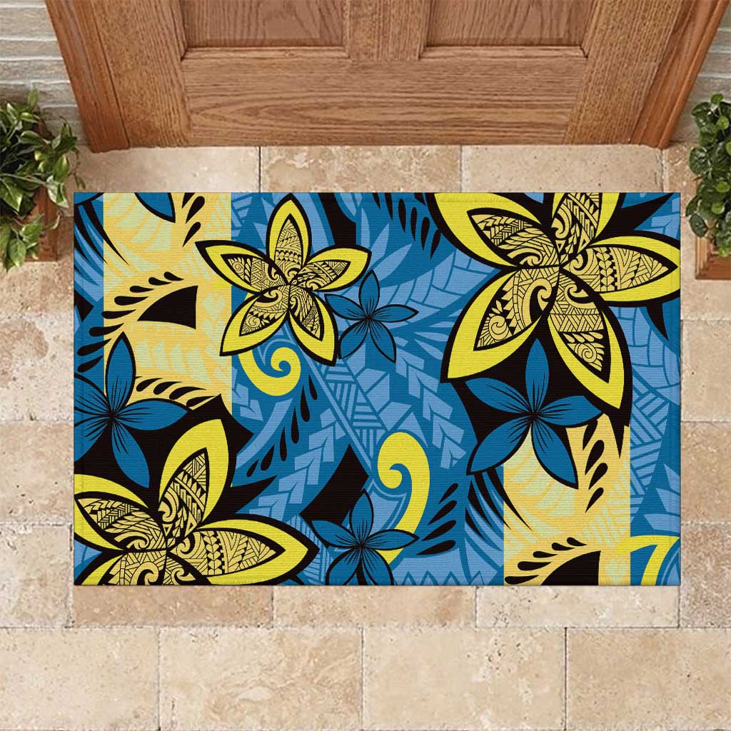 Plumeria Polynesian Pattern Rubber Doormat Unique Fantasy Blue Yellow