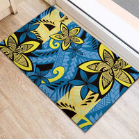 Plumeria Polynesian Pattern Rubber Doormat Unique Fantasy Blue Yellow