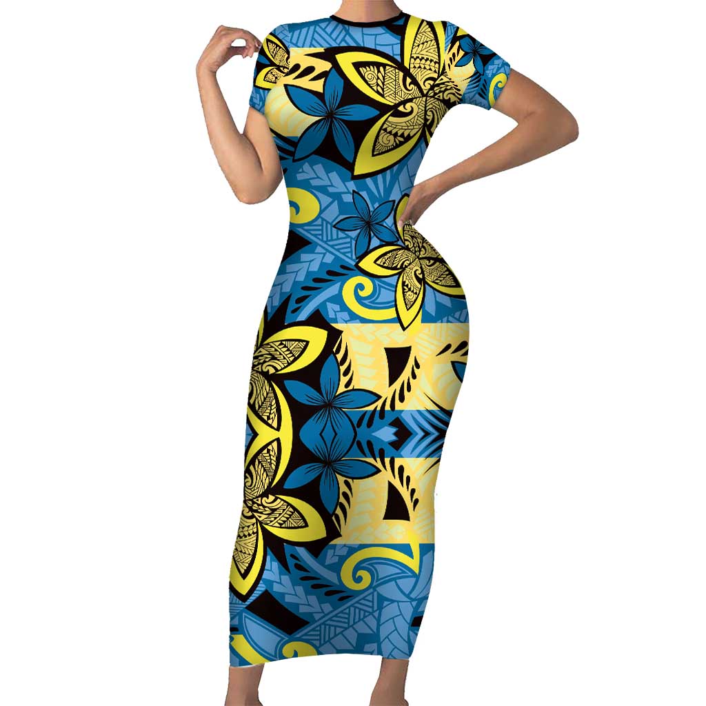 Plumeria Polynesian Pattern Short Sleeve Bodycon Dress Unique Fantasy Blue Yellow LT01 Long Dress Blue - Polynesian Pride