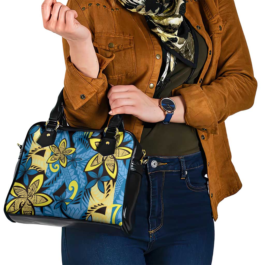 Plumeria Polynesian Pattern Shoulder Handbag Unique Fantasy Blue Yellow