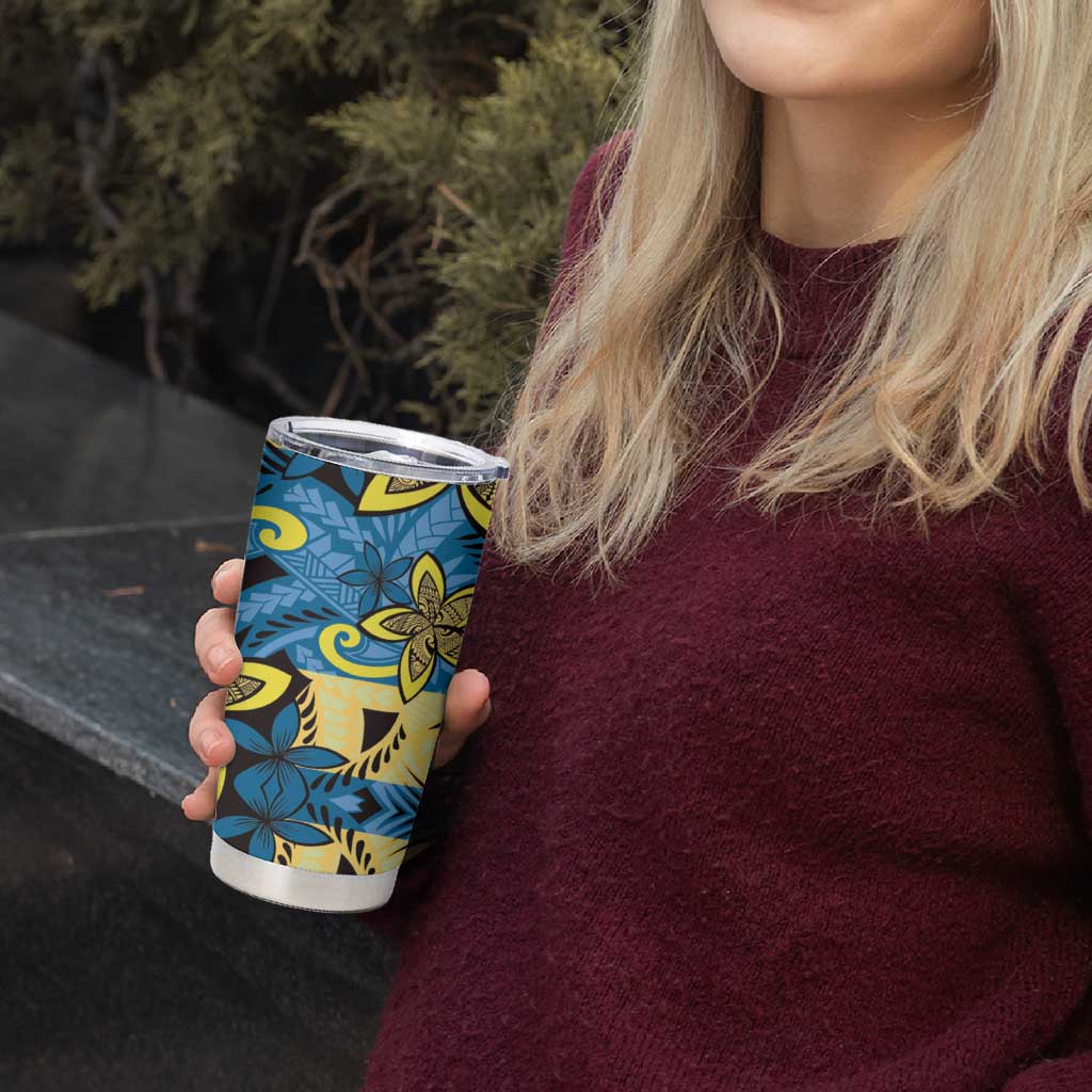 Plumeria Polynesian Pattern Tumbler Cup Unique Fantasy Blue Yellow