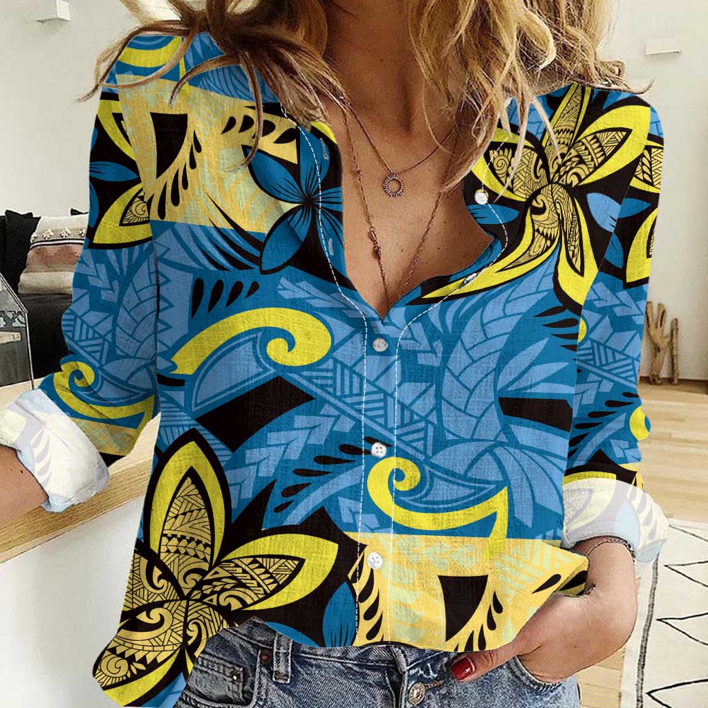 Plumeria Polynesian Pattern Women Casual Shirt Unique Fantasy Blue Yellow LT01 Female Blue - Polynesian Pride