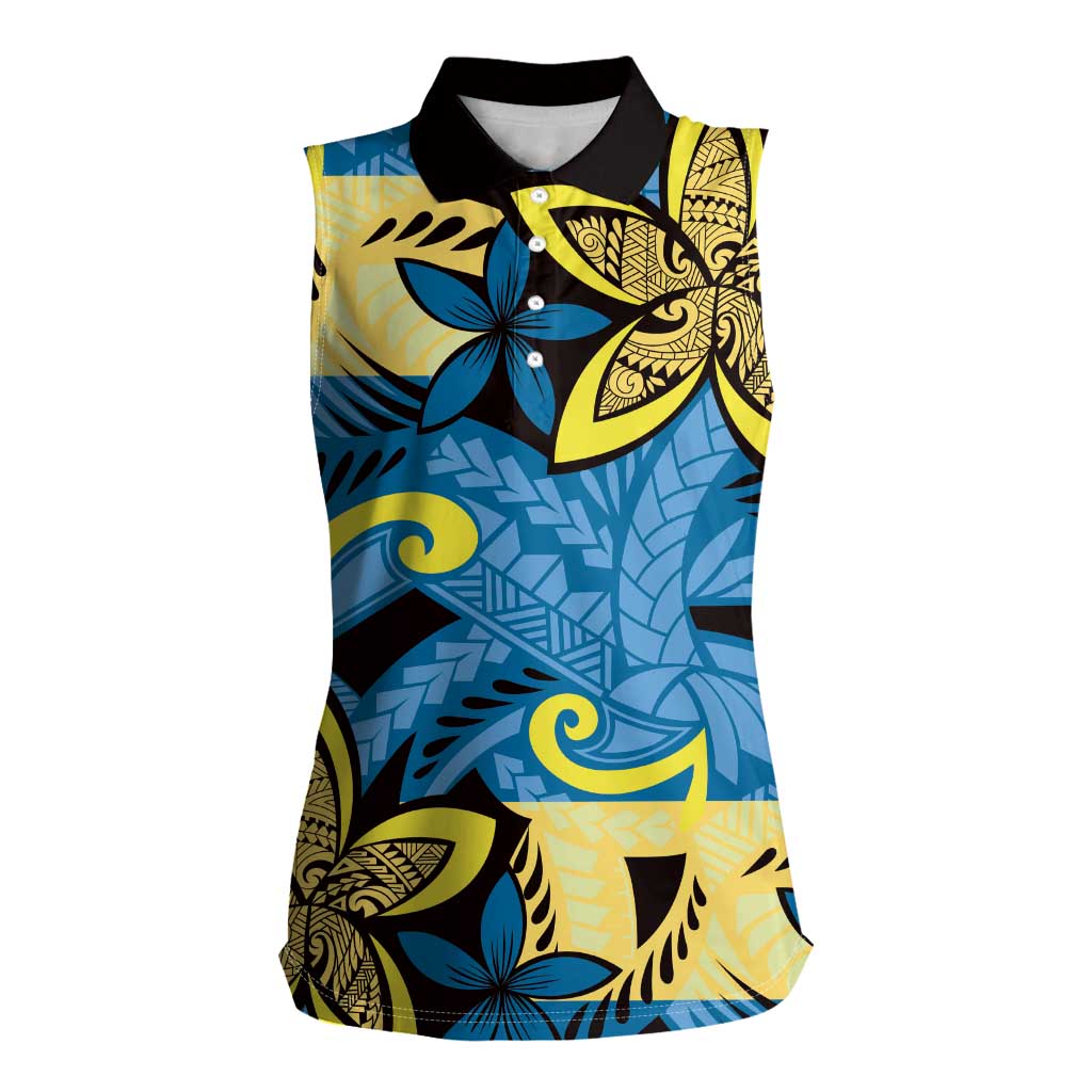 Plumeria Polynesian Pattern Women Sleeveless Polo Shirt Unique Fantasy Blue Yellow LT01 Female Blue - Polynesian Pride