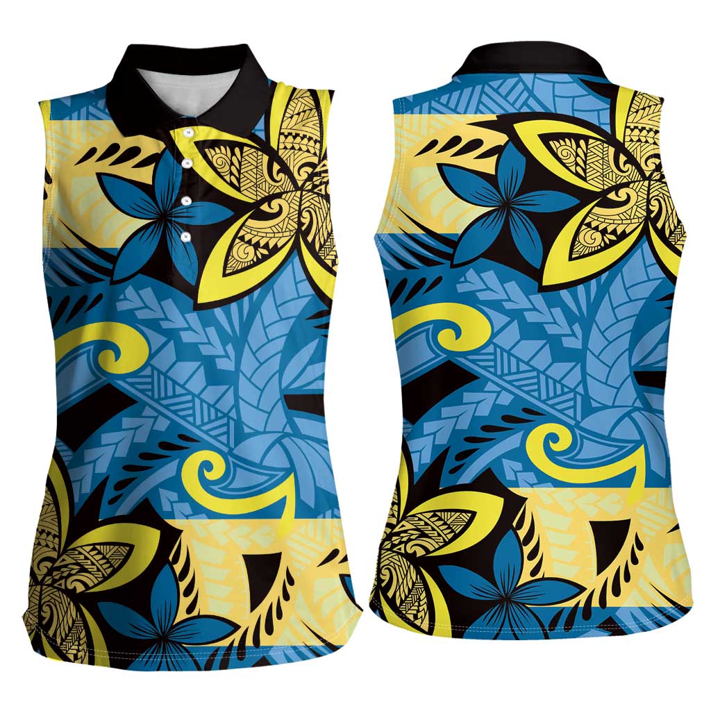 Plumeria Polynesian Pattern Women Sleeveless Polo Shirt Unique Fantasy Blue Yellow LT01 - Polynesian Pride