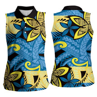Plumeria Polynesian Pattern Women Sleeveless Polo Shirt Unique Fantasy Blue Yellow LT01 - Polynesian Pride