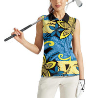 Plumeria Polynesian Pattern Women Sleeveless Polo Shirt Unique Fantasy Blue Yellow LT01 - Polynesian Pride