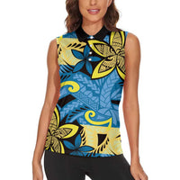 Plumeria Polynesian Pattern Women Sleeveless Polo Shirt Unique Fantasy Blue Yellow LT01 - Polynesian Pride