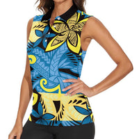 Plumeria Polynesian Pattern Women Sleeveless Polo Shirt Unique Fantasy Blue Yellow LT01 - Polynesian Pride
