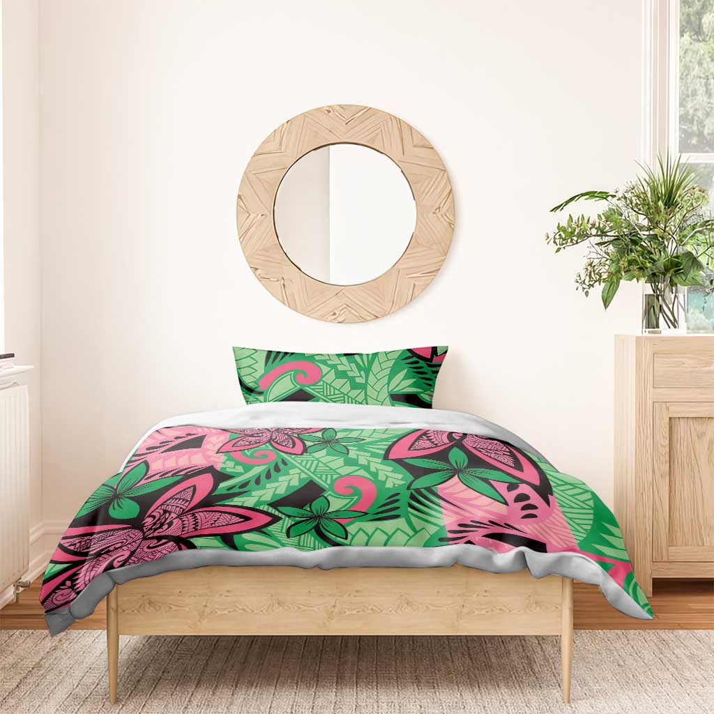 Plumeria Polynesian Pattern Bedding Set Unique Fantasy Green Pink