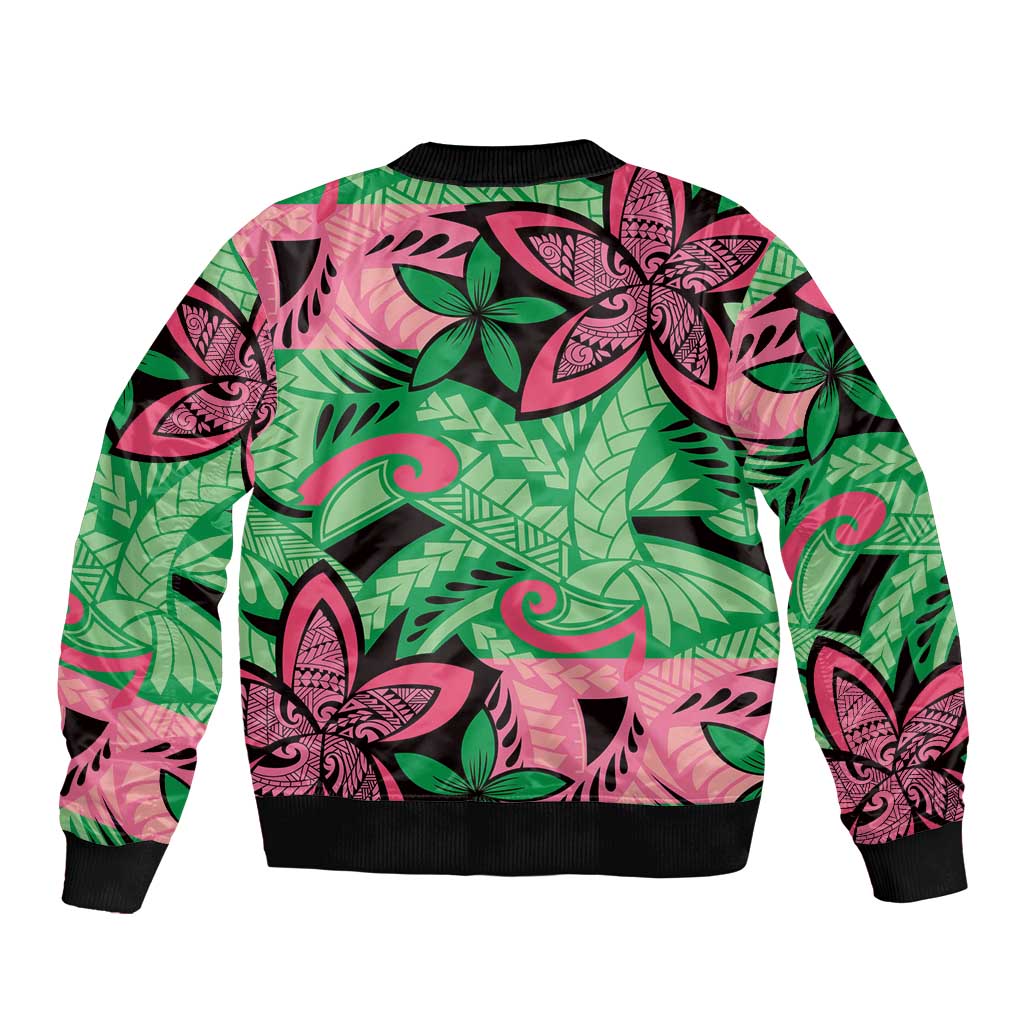 Plumeria Polynesian Pattern Bomber Jacket Unique Fantasy Green Pink