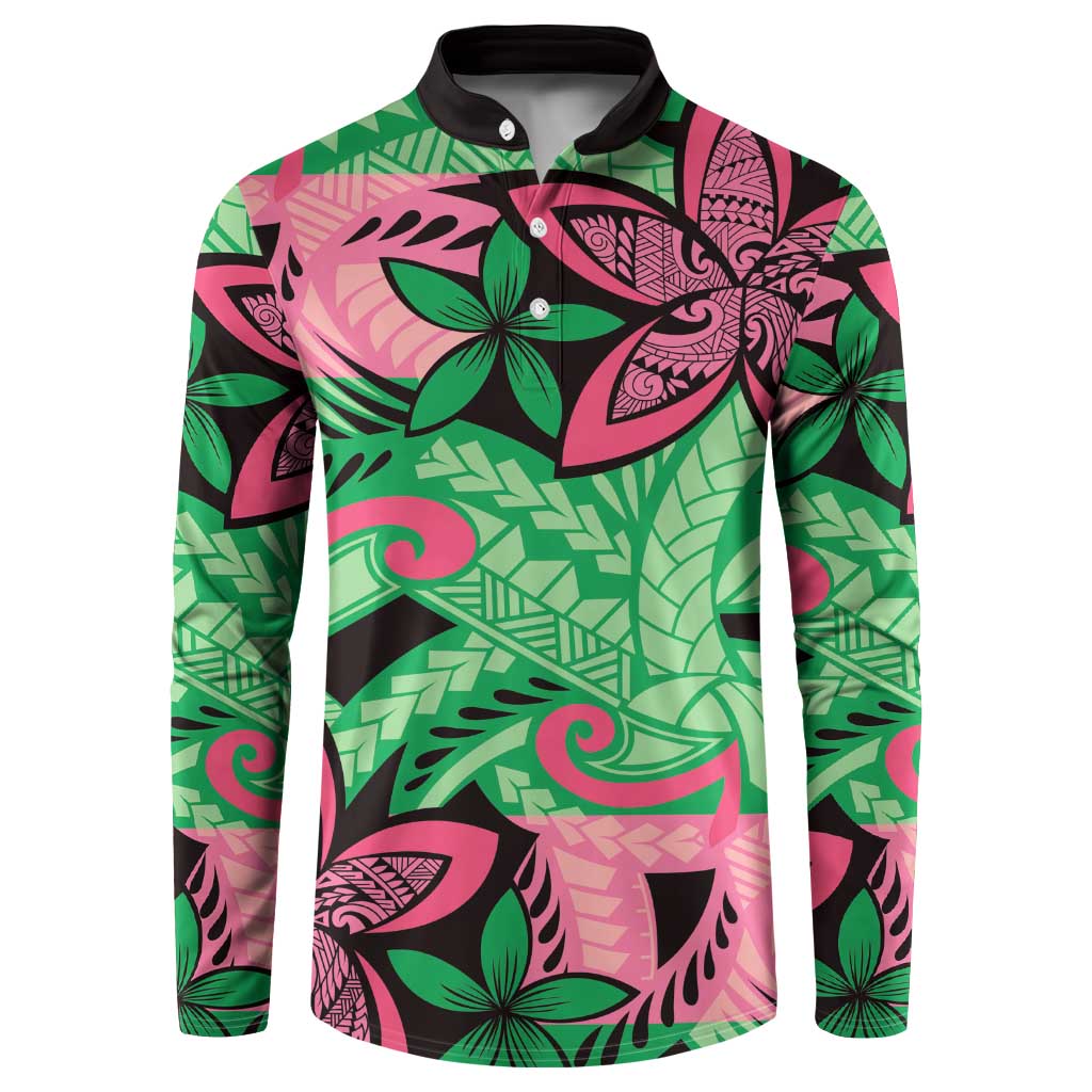 Plumeria Polynesian Pattern Button Sweatshirt Unique Fantasy Green Pink