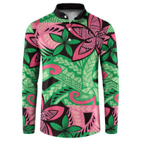 Plumeria Polynesian Pattern Button Sweatshirt Unique Fantasy Green Pink