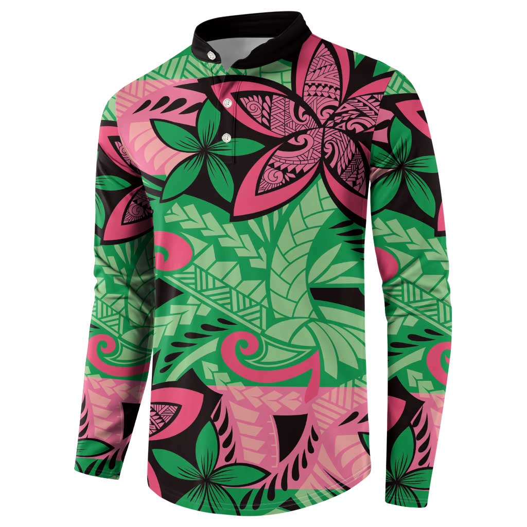 Plumeria Polynesian Pattern Button Sweatshirt Unique Fantasy Green Pink