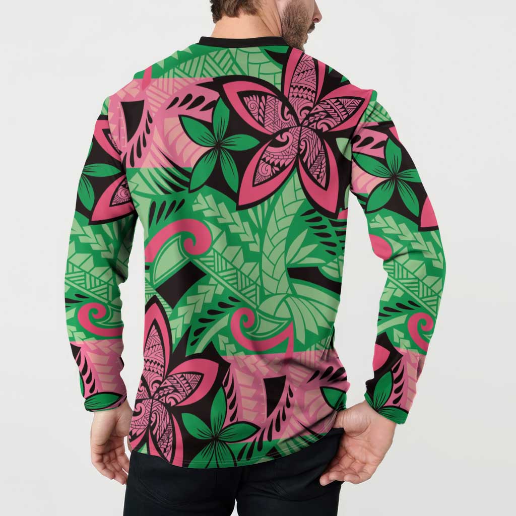 Plumeria Polynesian Pattern Button Sweatshirt Unique Fantasy Green Pink