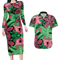 Plumeria Polynesian Pattern Couples Matching Long Sleeve Bodycon Dress and Hawaiian Shirt Unique Fantasy Green Pink LT01 Green - Polynesian Pride