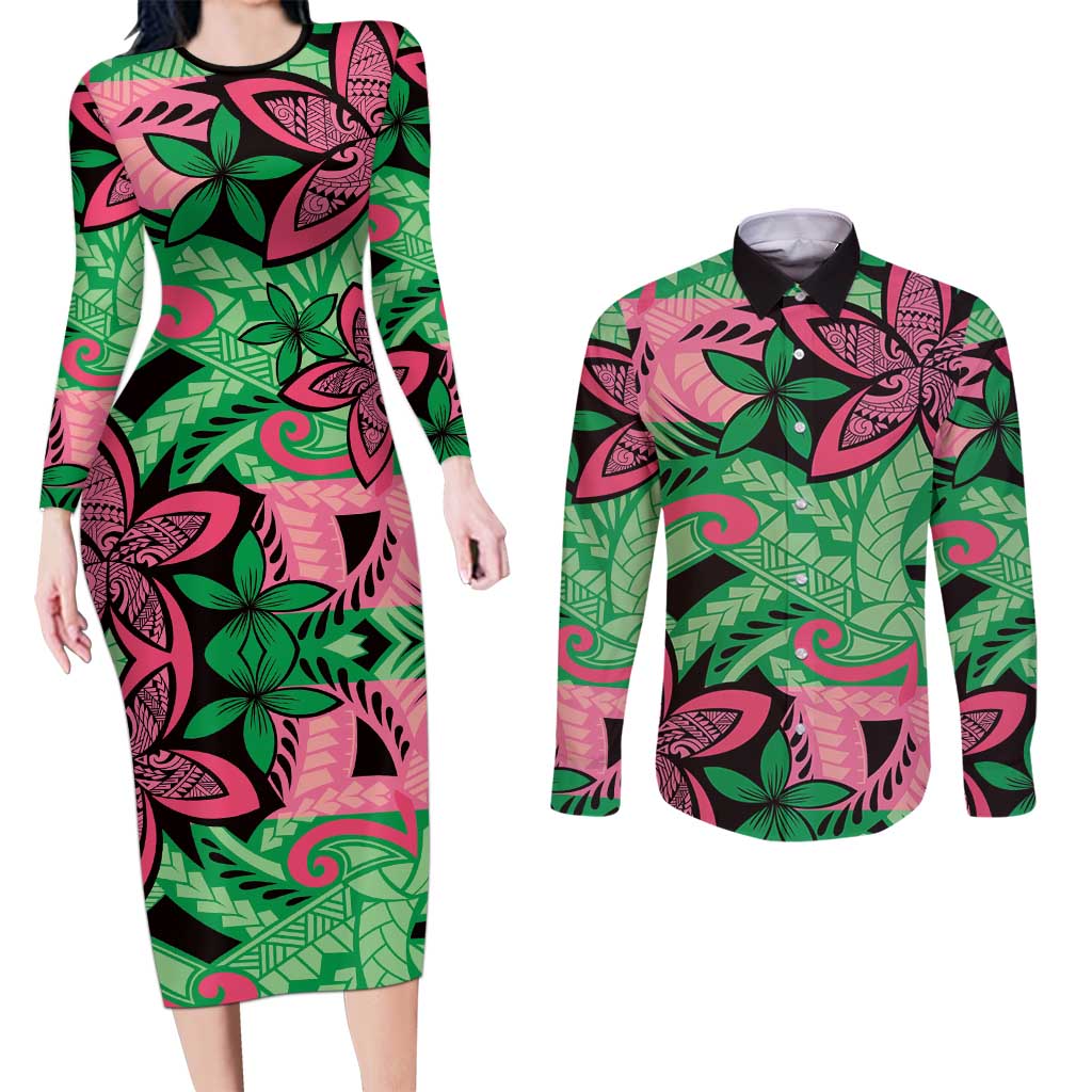 Plumeria Polynesian Pattern Couples Matching Long Sleeve Bodycon Dress and Long Sleeve Button Shirt Unique Fantasy Green Pink LT01 Green - Polynesian Pride
