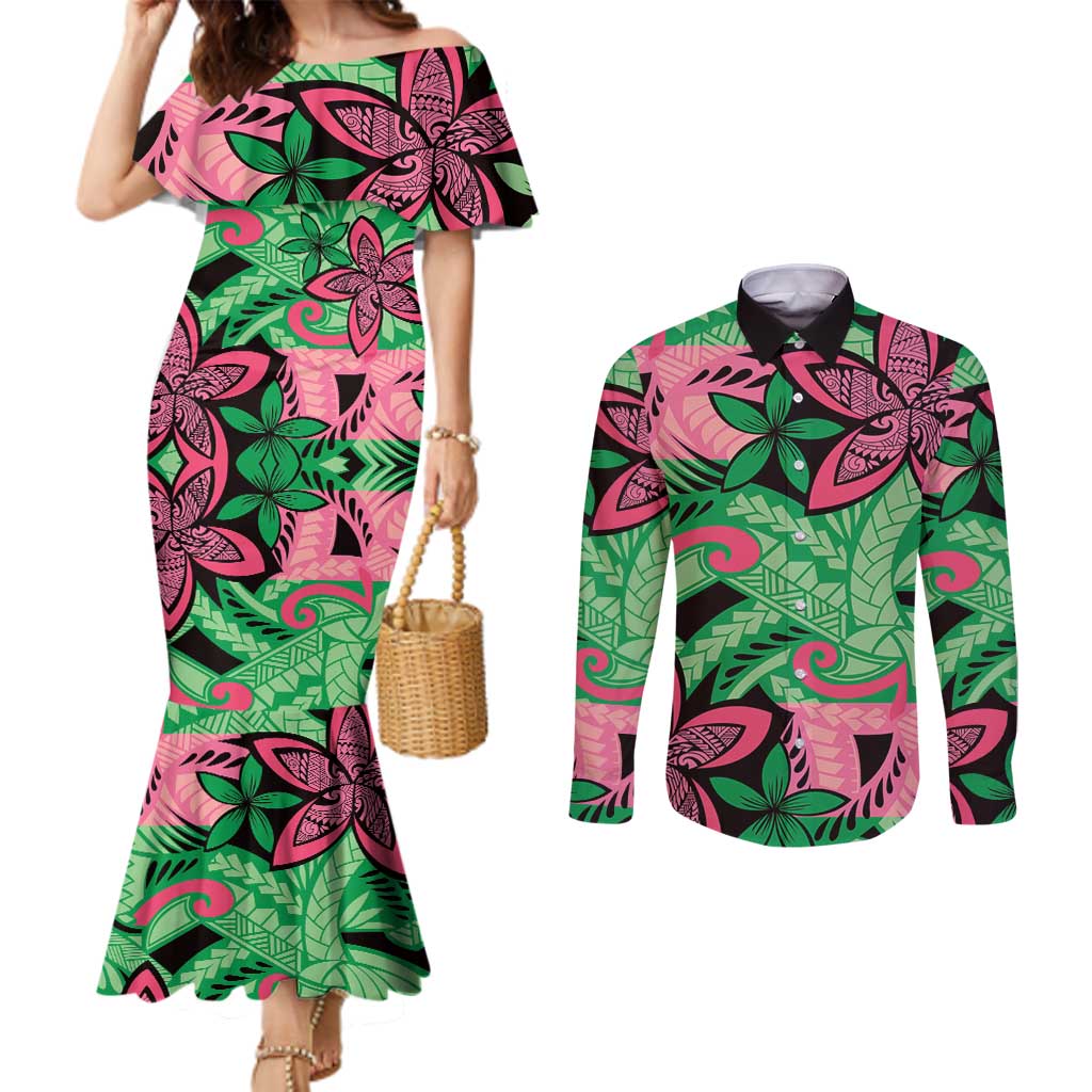 Plumeria Polynesian Pattern Couples Matching Mermaid Dress and Long Sleeve Button Shirt Unique Fantasy Green Pink LT01 Green - Polynesian Pride