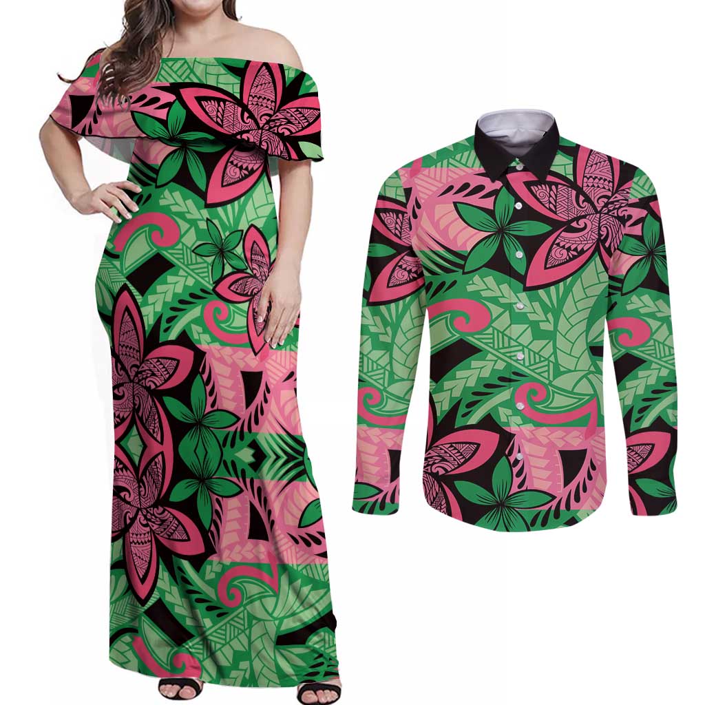 Plumeria Polynesian Pattern Couples Matching Off Shoulder Maxi Dress and Long Sleeve Button Shirt Unique Fantasy Green Pink LT01 Green - Polynesian Pride