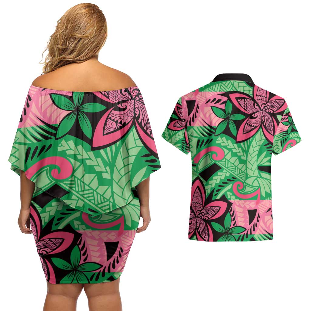 Plumeria Polynesian Pattern Couples Matching Off Shoulder Short Dress and Hawaiian Shirt Unique Fantasy Green Pink LT01 - Polynesian Pride