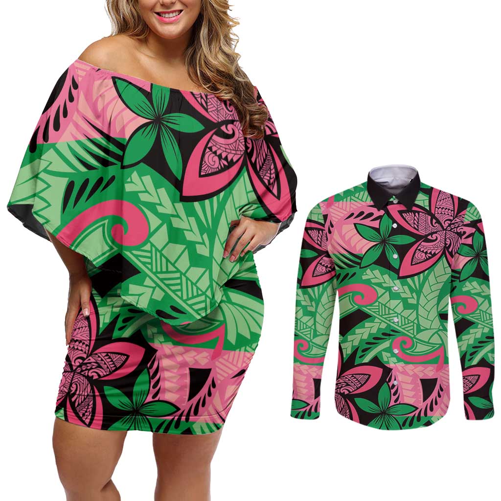 Plumeria Polynesian Pattern Couples Matching Off Shoulder Short Dress and Long Sleeve Button Shirt Unique Fantasy Green Pink LT01 Green - Polynesian Pride