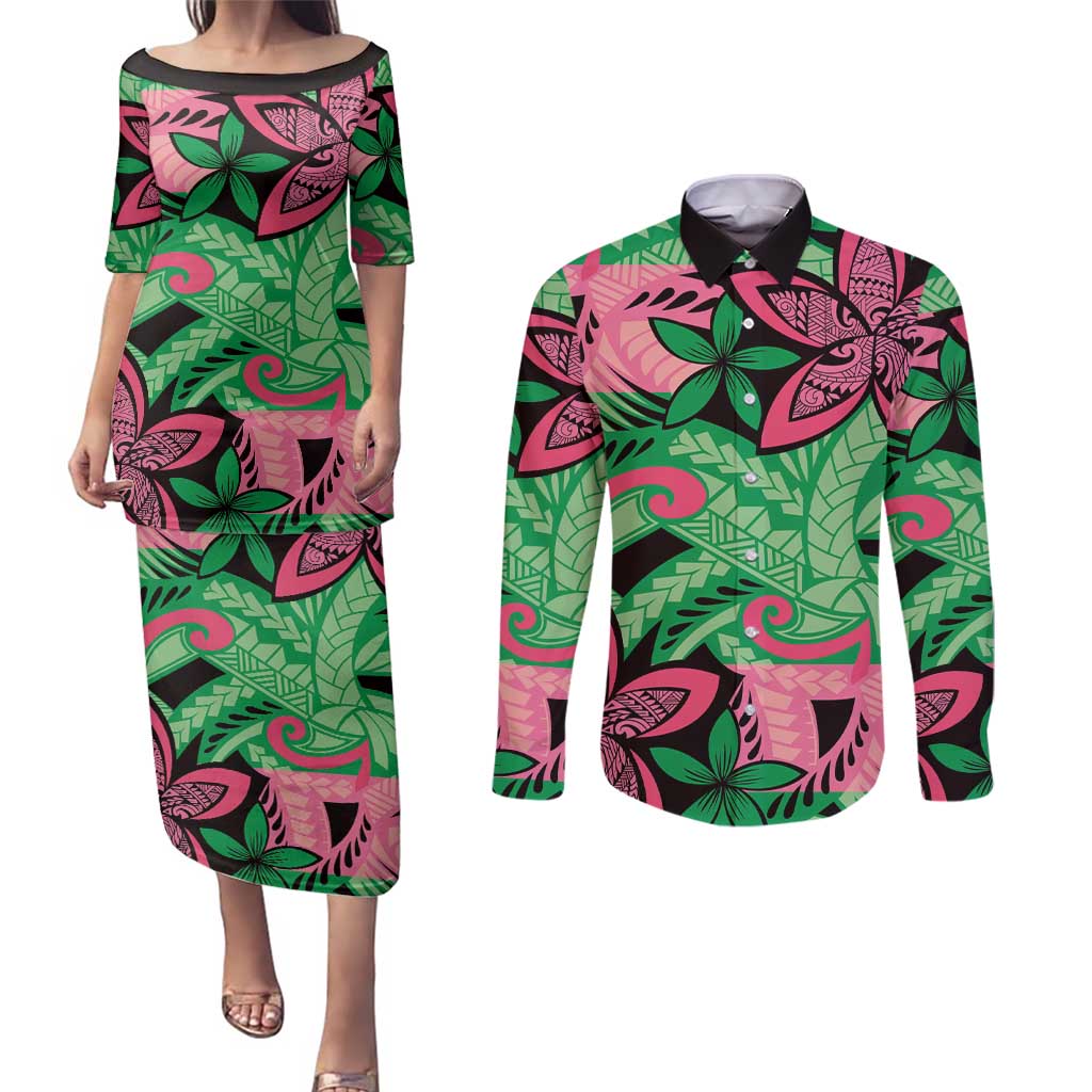 Plumeria Polynesian Pattern Couples Matching Puletasi and Long Sleeve Button Shirt Unique Fantasy Green Pink LT01 Green - Polynesian Pride