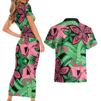 Plumeria Polynesian Pattern Couples Matching Short Sleeve Bodycon Dress and Hawaiian Shirt Unique Fantasy Green Pink LT01 - Polynesian Pride