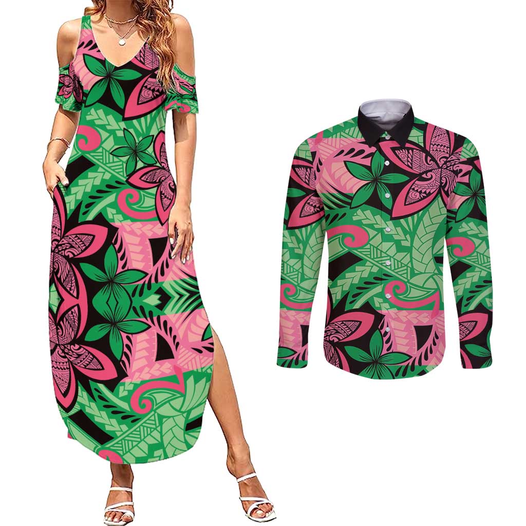 Plumeria Polynesian Pattern Couples Matching Summer Maxi Dress and Long Sleeve Button Shirt Unique Fantasy Green Pink LT01 Green - Polynesian Pride
