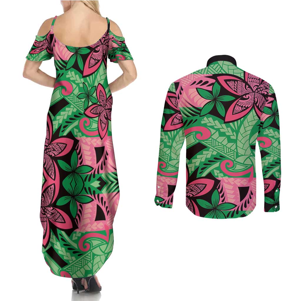 Plumeria Polynesian Pattern Couples Matching Summer Maxi Dress and Long Sleeve Button Shirt Unique Fantasy Green Pink