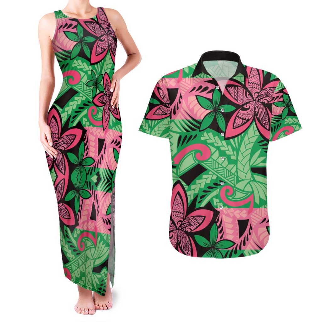 Plumeria Polynesian Pattern Couples Matching Tank Maxi Dress and Hawaiian Shirt Unique Fantasy Green Pink LT01 Green - Polynesian Pride
