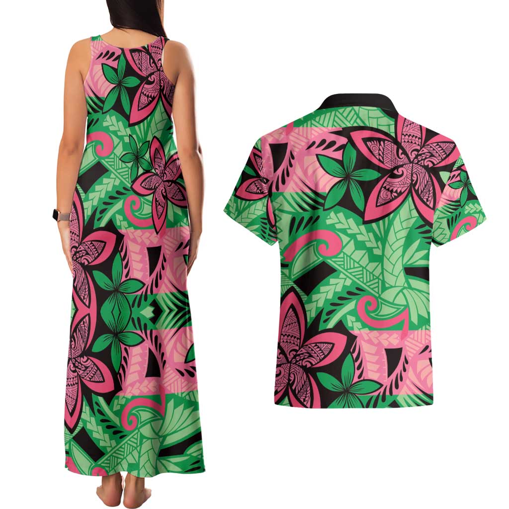 Plumeria Polynesian Pattern Couples Matching Tank Maxi Dress and Hawaiian Shirt Unique Fantasy Green Pink LT01 - Polynesian Pride
