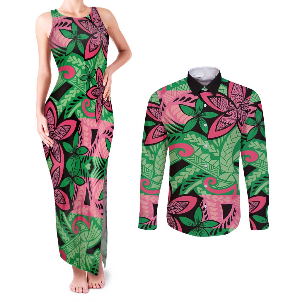 Plumeria Polynesian Pattern Couples Matching Tank Maxi Dress and Long Sleeve Button Shirt Unique Fantasy Green Pink LT01 Green - Polynesian Pride