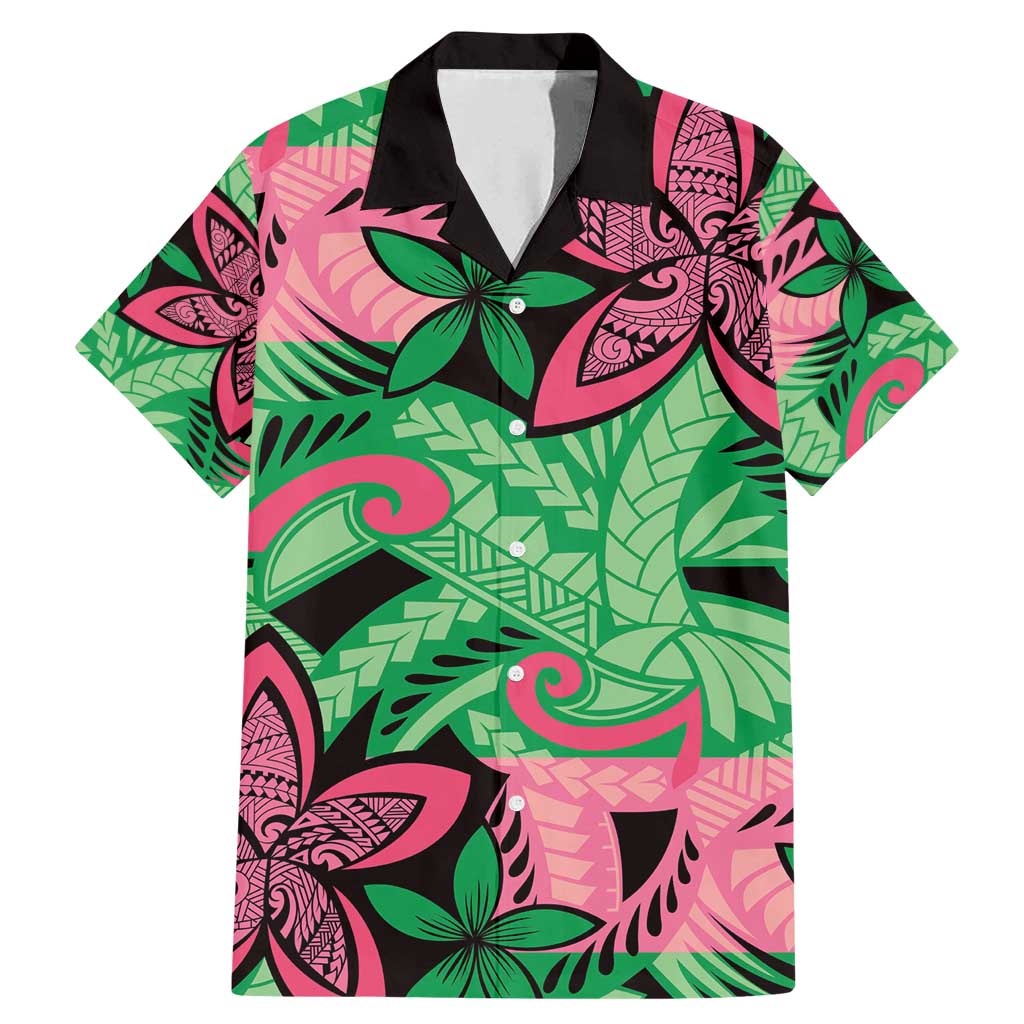 Plumeria Polynesian Pattern Family Matching Mermaid Dress and Hawaiian Shirt Unique Fantasy Green Pink LT01 Dad's Shirt - Short Sleeve Green - Polynesian Pride