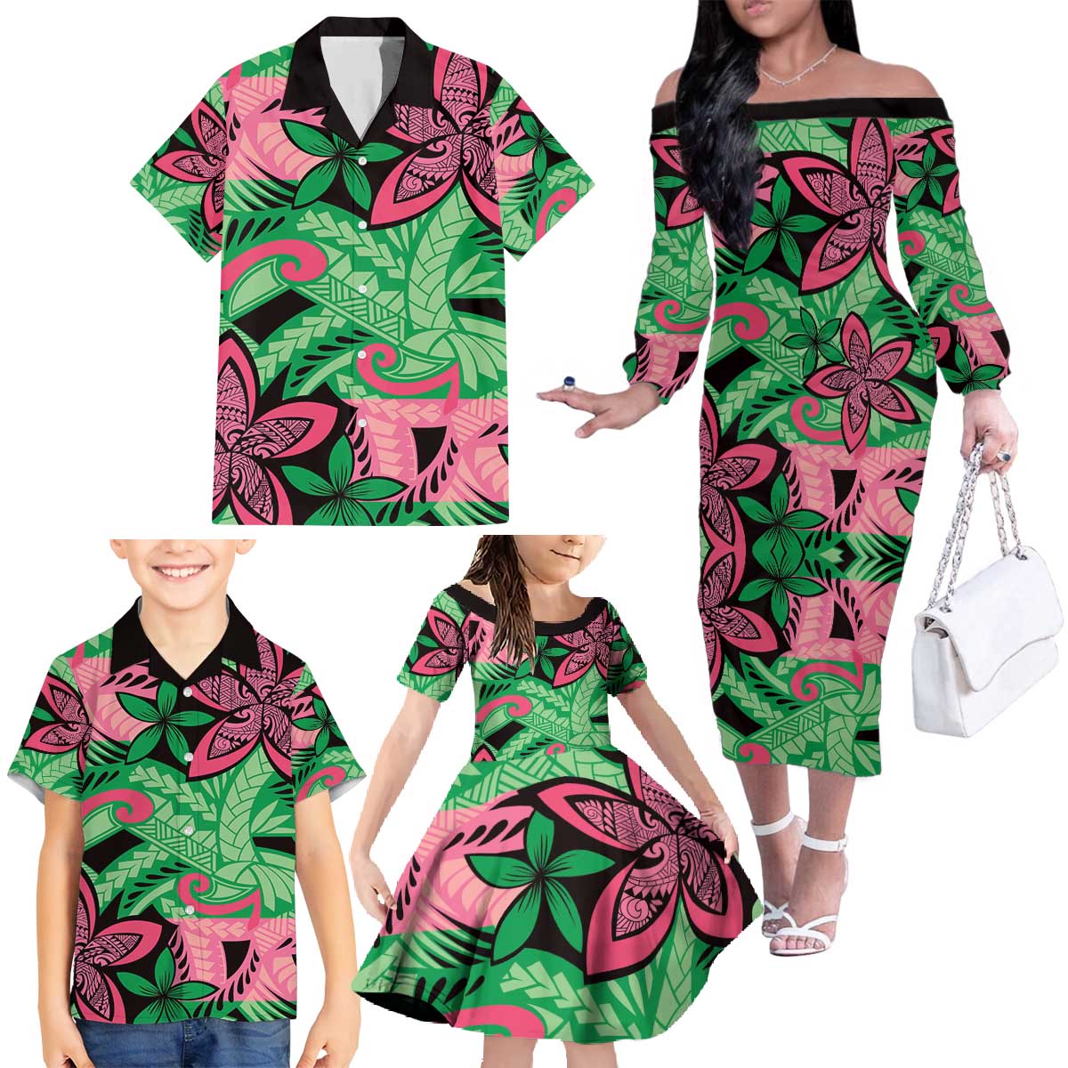 Plumeria Polynesian Pattern Family Matching Off The Shoulder Long Sleeve Dress and Hawaiian Shirt Unique Fantasy Green Pink LT01 - Polynesian Pride