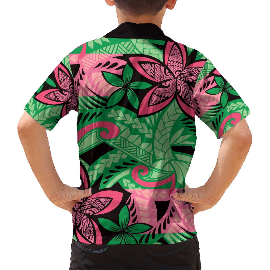 Plumeria Polynesian Pattern Family Matching Off Shoulder Maxi Dress and Hawaiian Shirt Unique Fantasy Green Pink LT01 - Polynesian Pride