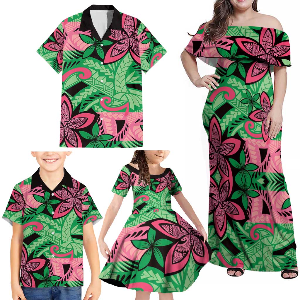 Plumeria Polynesian Pattern Family Matching Off Shoulder Maxi Dress and Hawaiian Shirt Unique Fantasy Green Pink LT01 - Polynesian Pride