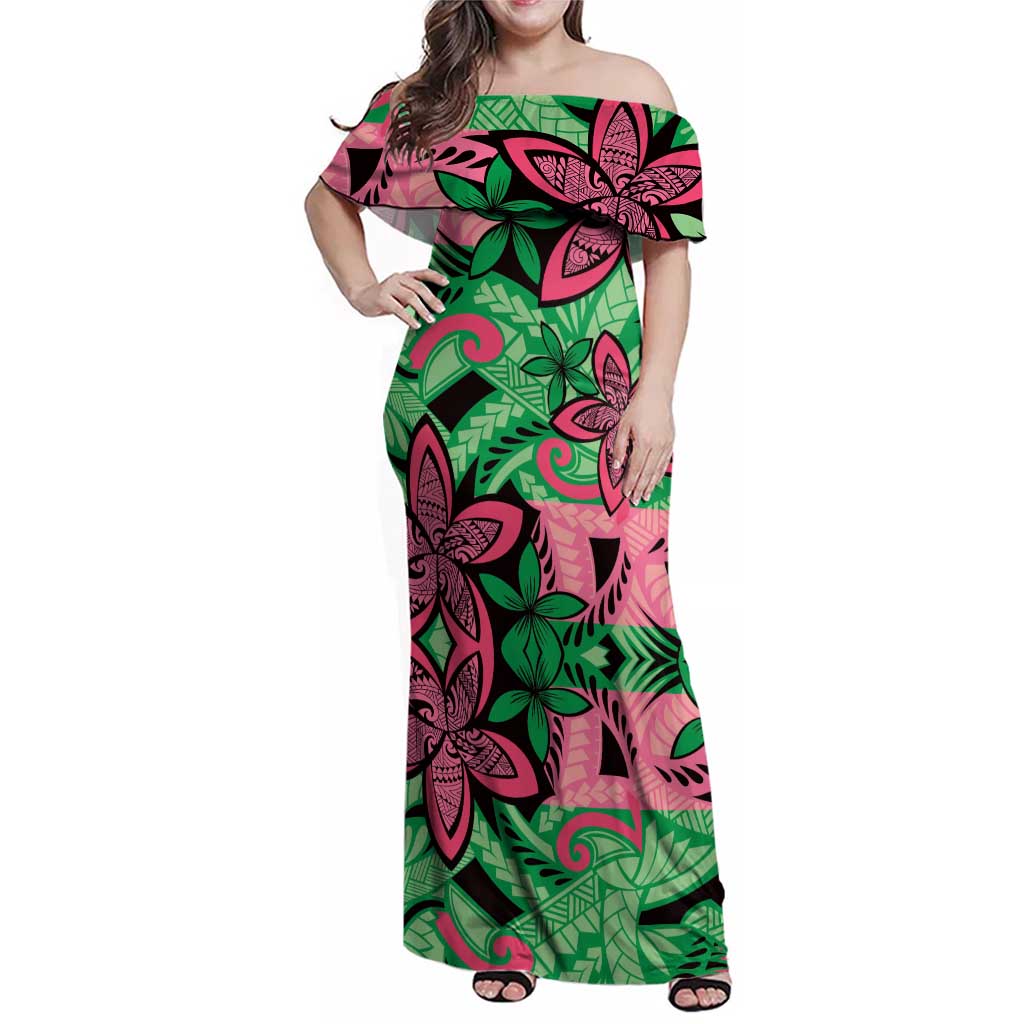 Plumeria Polynesian Pattern Family Matching Off Shoulder Maxi Dress and Hawaiian Shirt Unique Fantasy Green Pink LT01 Mom's Dress Green - Polynesian Pride