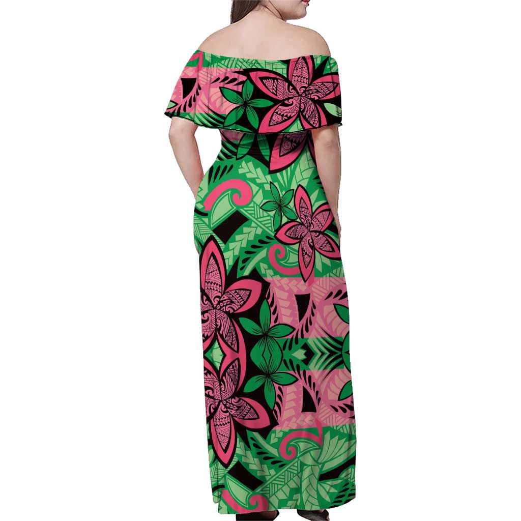 Plumeria Polynesian Pattern Family Matching Off Shoulder Maxi Dress and Hawaiian Shirt Unique Fantasy Green Pink LT01 - Polynesian Pride