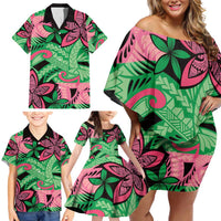 Plumeria Polynesian Pattern Family Matching Off Shoulder Short Dress and Hawaiian Shirt Unique Fantasy Green Pink LT01 - Polynesian Pride
