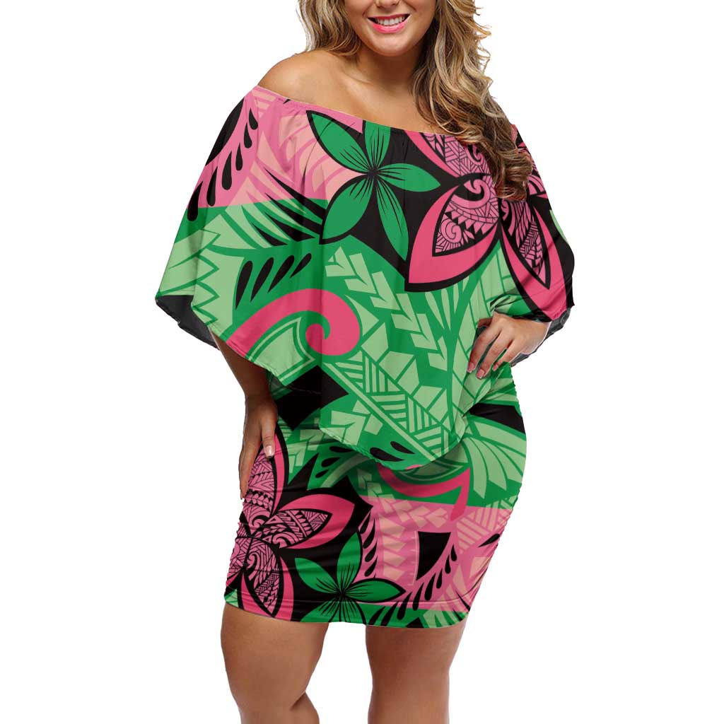 Plumeria Polynesian Pattern Family Matching Off Shoulder Short Dress and Hawaiian Shirt Unique Fantasy Green Pink LT01 Mom's Dress Green - Polynesian Pride