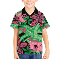 Plumeria Polynesian Pattern Family Matching Off Shoulder Short Dress and Hawaiian Shirt Unique Fantasy Green Pink LT01 Son's Shirt Green - Polynesian Pride