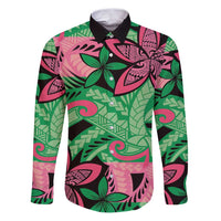 Plumeria Polynesian Pattern Family Matching Puletasi and Hawaiian Shirt Unique Fantasy Green Pink LT01 Dad's Shirt - Long Sleeve Green - Polynesian Pride