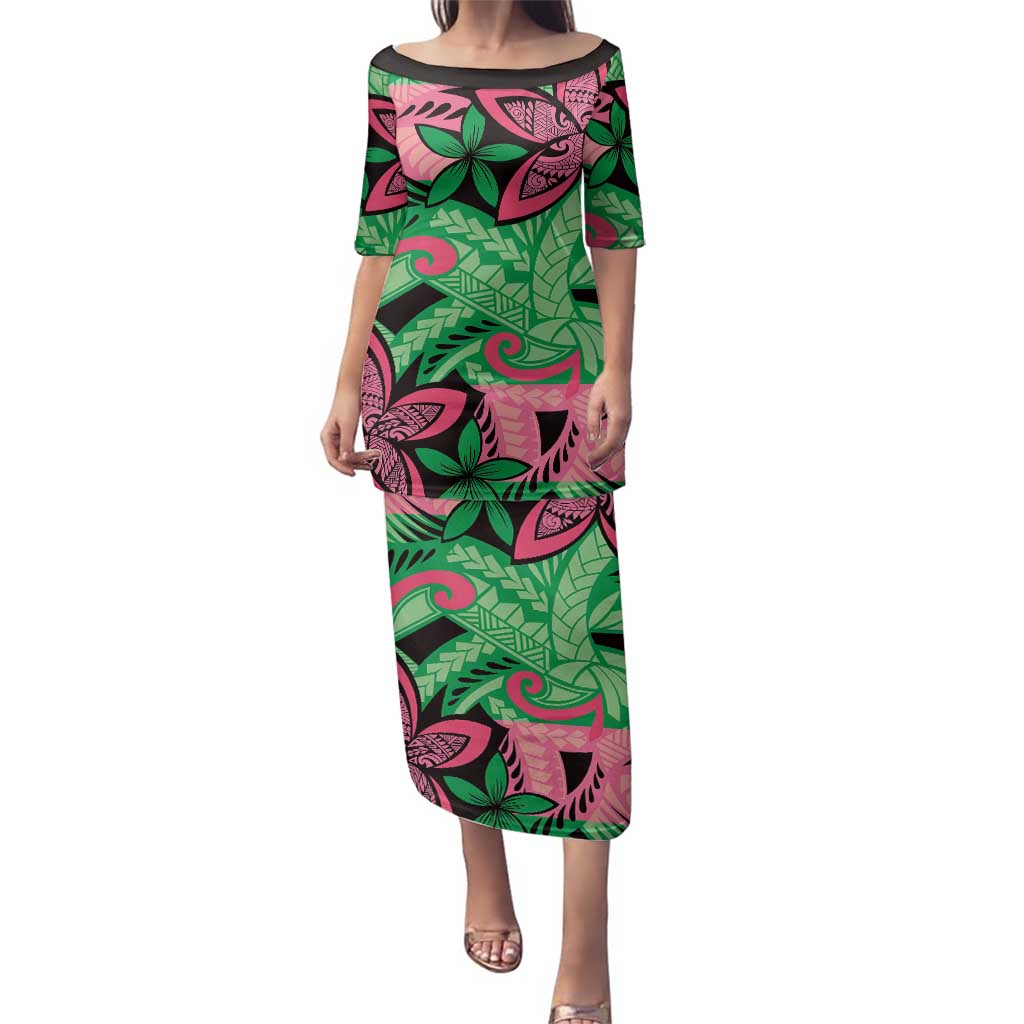 Plumeria Polynesian Pattern Family Matching Puletasi and Hawaiian Shirt Unique Fantasy Green Pink LT01 Mom's Dress Green - Polynesian Pride