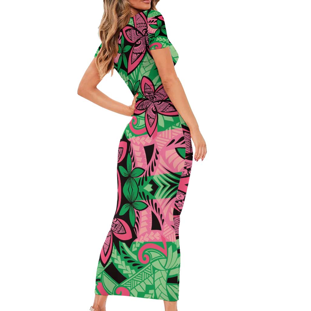 Plumeria Polynesian Pattern Family Matching Short Sleeve Bodycon Dress and Hawaiian Shirt Unique Fantasy Green Pink LT01 - Polynesian Pride