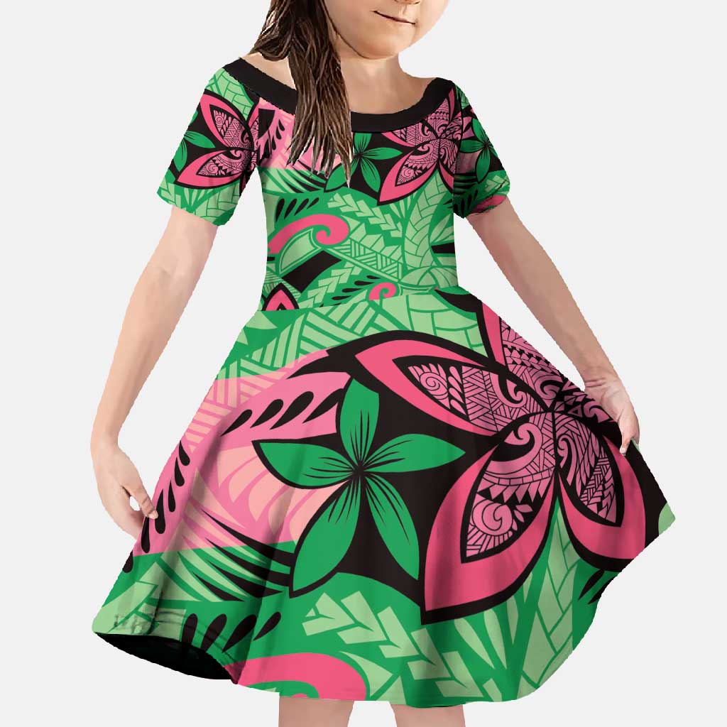 Plumeria Polynesian Pattern Family Matching Summer Maxi Dress and Hawaiian Shirt Unique Fantasy Green Pink LT01 Daughter's Dress Green - Polynesian Pride